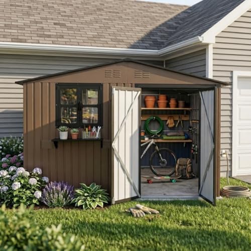 10x8 FT Metal Garden Tool Shed for Backyard Patio with Windows, Brown