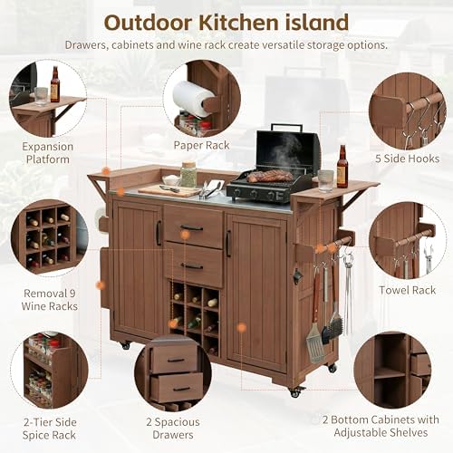 Modern 60.2''W Outdoor Kitchen Island with Wheels,Rolling Patio BBQ Cart with Stainless Steel Top,Wood Grill Cart with Spice Rack&Wine Rack,2 Drawers (Brown-T)