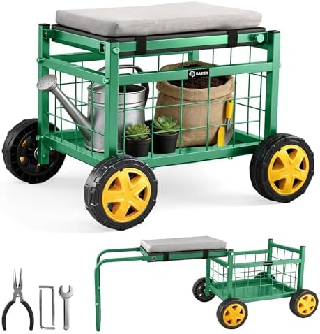 Saker Rolling Garden Cart with Seat & Wheels 15.7" EVA Padded Stool 500lb