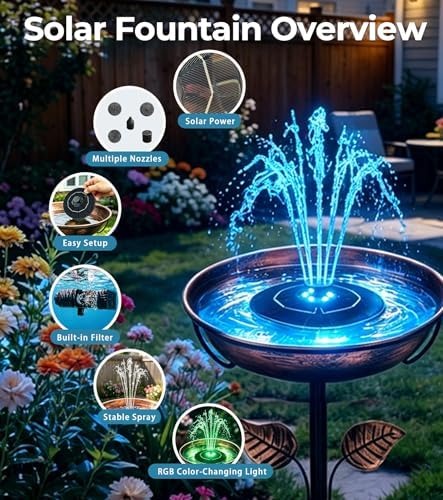 6.3" Solar Bird Bath Fountain with Color LED Lights