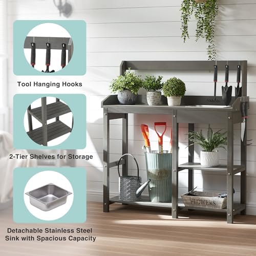 Outdoor Potting Bench Table with Sink for Outside Garden, Gray