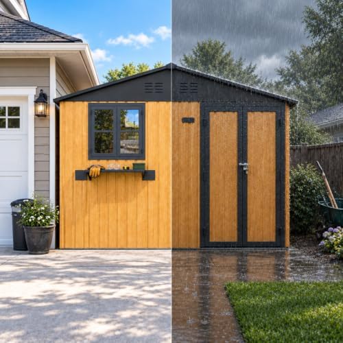 10x8 FT Metal Outdoor Storage Shed with Window & Flower Rack, Yellow