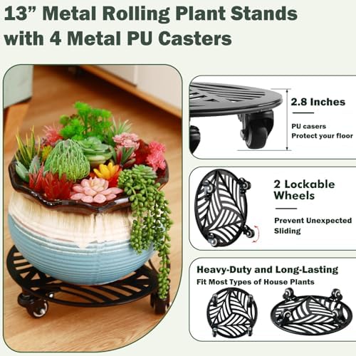 1 Pack 13 inches Metal Plant Caddy with Wheels Heavy-Duty Large Iron Rolling Plant Stand with Casters Indoor Outdoor Wheeled Plant Roller Base Pot Movers Plant Dolly Coaster Trolley Black