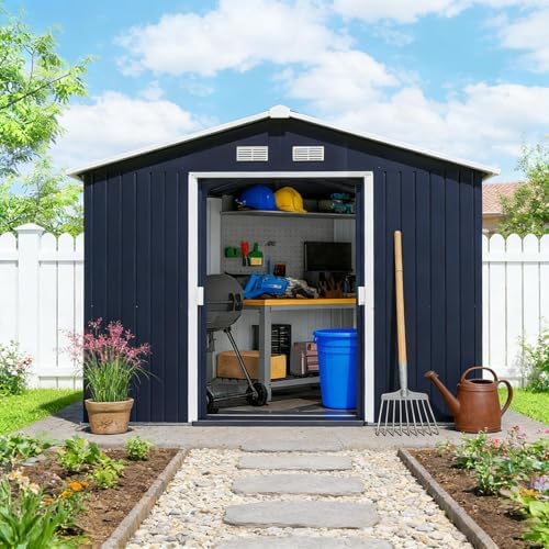 Tidyard Metal Tool Shed, Large Outdoor Storage Shed with Sliding Doors Galvanized Steel Garden Shed for Backyard Lawn Equipment Pool Supplies