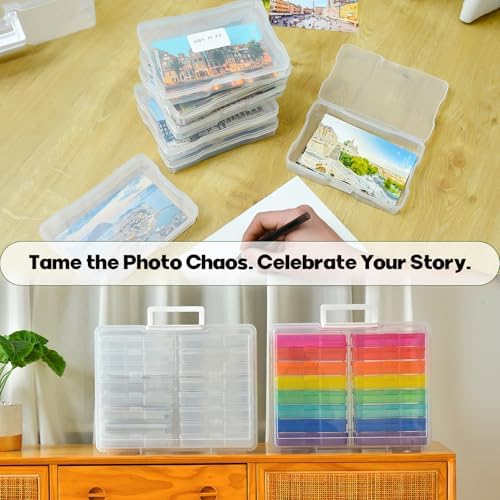 Photo Storage Box with 16 Inner 4" x 6" Photo Case, Portable Storage Organizer with Handle Craft Keeper for Picture, Stickers, Stamps, Screws, Hair Clips, Clear