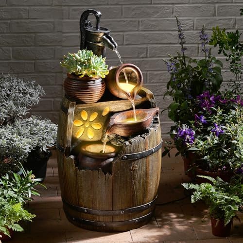 29" H Outdoor Water Fountain Pump and Barrel with LED Lights
