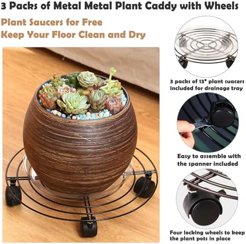 3 Packs Large Metal Plant Caddy with Wheels 13" Heavy-duty Wrought Iron Rolling Plant Stands with Casters Plant Dolly Plant Roller Base for Indoor and Outdoor Plant Pot Movers Saucers Brown