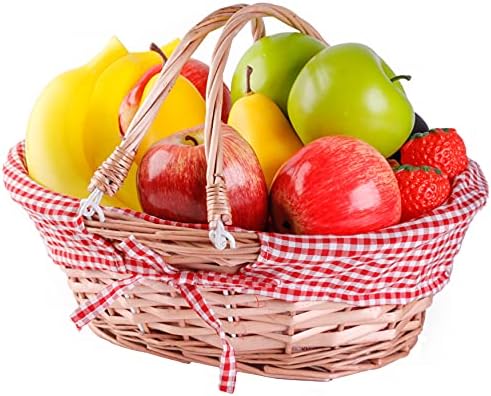 Vintiquewise Oval Wicker Gift Basket with Double Drop Down Handles, Red Gingham Lining, Woven Picnic Basket for Gifts, Gathering, Foraging (Set of 2)