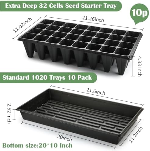 RooTrimmer 10 Pack 1020 Trays No Holes and 10 Pack 4.3" Deep 32 Cell Seed Starter Trays, 20" x 10" - Heavy Duty Plastic Nursery Flats for Seed Germination & Plant Propagation (10 Sets)