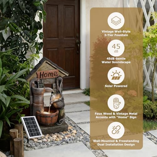 28.7" H Solar Outdoor Water Fountain,3-Tier Solar Powered Rustic Barrel Pump Water Fountain Cascading Waterfall Fountains Outside for Garden, Patio, Backyard, Porch/Two Placement Options