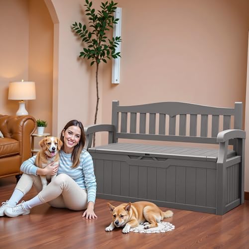 JUMMICO 80 Gallon Resin Outdoor Storage Bench Waterproof, Deck Box