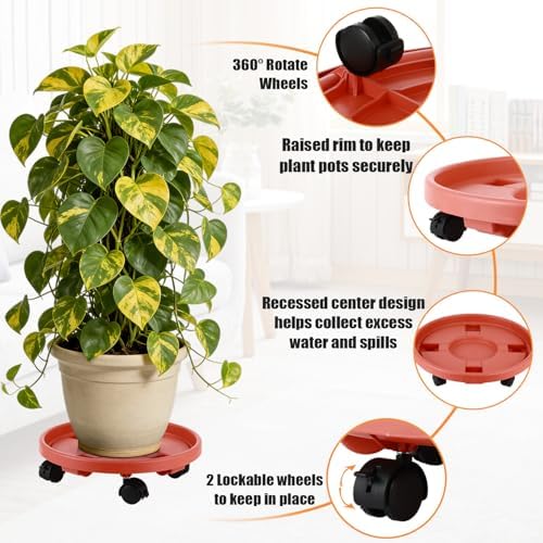 4-pack 16" Extra-large Plant Caddy with Wheels Plastic Plant Dolly with Casters Flower Pot Mover Rollers Wheeled Rolling Plant Stand Round Plant Saucer Indoor Outdoor Base Coasters, Terracotta red