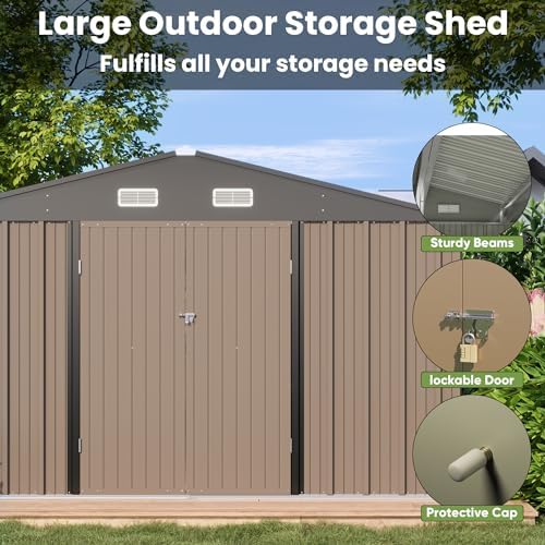 Patiowell 10x10 FT Metal Storage Shed, Brown