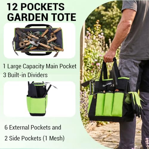 MELOTOUGH 12 Pockets Garden Tool Bag with Hard Bottom, Garden Caddy, Green