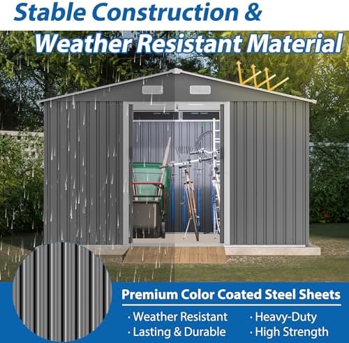 Storage Shed 10x8 FT, Large Metal Tool Shed for Outdoor Storage, Galvanized Steel Garden Shed with Lockable Sliding Doors for Patio, Backyard, Lawn, Grey