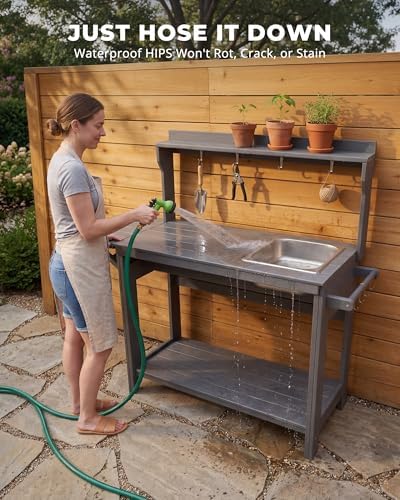 Outdoor Potting Bench Table with Removable Sink, Heavy Duty, Gray