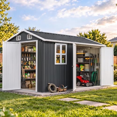 DWVO 12' x 8' Outdoor Metal Storage Shed with Windows & 3 Lockable Doors