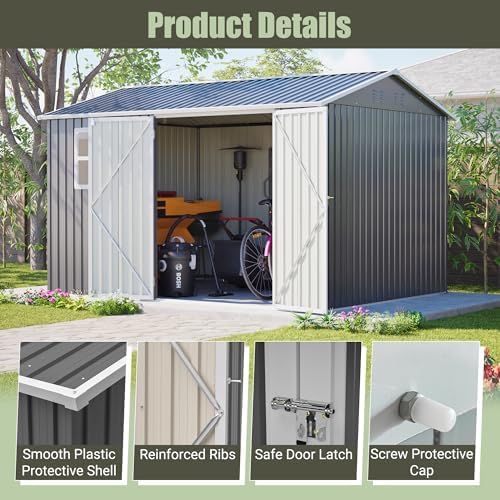10 x 8 FT Outdoor Metal Storage Shed, Heavy‑Duty Garden Tool Shed with Lockable Double Door, Sloped Roof & Ventilation