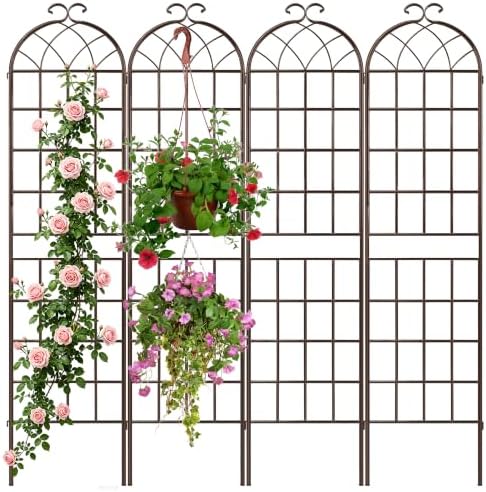 82.7 x 80in Rustic Iron Arch Decoration Garden Trellis with Brown Metal Coating – Perfect for Supporting Climbing Plants Outdoor, Roses, Vines, Flowers, and Vegetables.