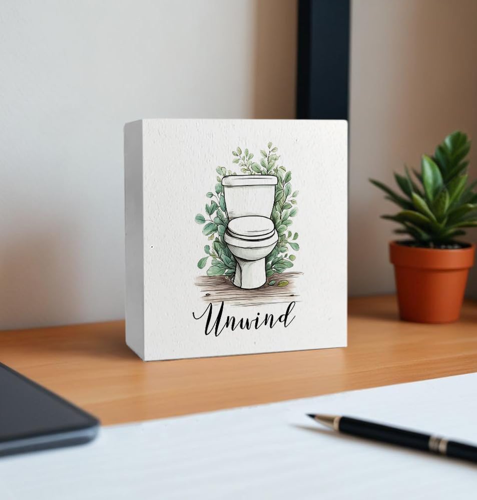 Unwind Funny Bathroom Wooden Box Sign, Eucalyptus Botanical Wood Signs for Restroom Bathroom Toilet Half Bath Shelf Counter Decor, 5x5 Inch