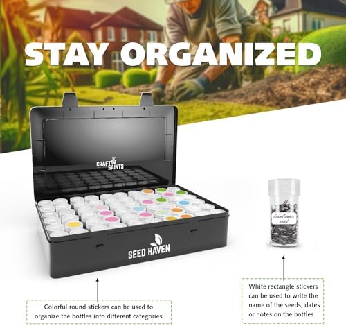 Seed Organizer Storage Box, Black Opaque Light Proof Seed Bank with 60 Transparent Bottles & Labels, Seed Holder Packet Organizer, Seed Vault Container for Homesteaders, Garden Tackle and Bead Sorter