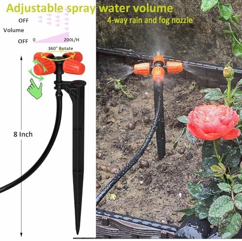 Drip Irrigation Kit Automatic Watering System with Water Timer 64FT 1/4 Tubing and 12 Rain Spray Watering Nozzles in 4 Directions for Potted Plants Yard Lawn Juvenile Plants Greenhouse Mist