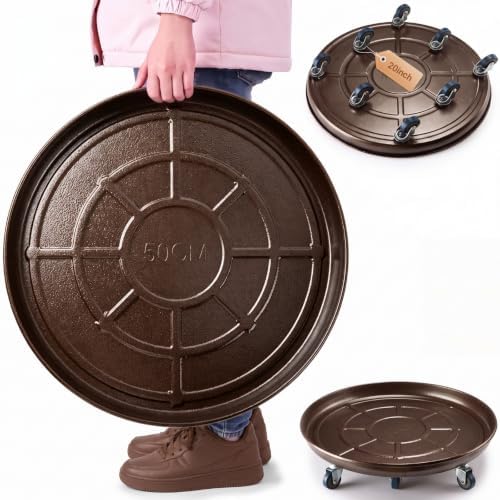 Briwooody 1 Pcs 19.7 Inch Large Round Plant Saucer with Lockable Wheels Flower Plant Trays Heavy Duty Round Water Catcher Easy to Move for Pots Indoors Outdoor Garden (Copper Gold)