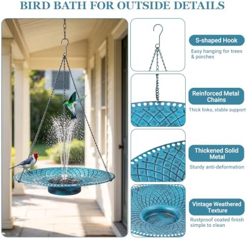 19.6" Large Hanging Bird Bath with Solar Fountain, LED & Battery Birdbath