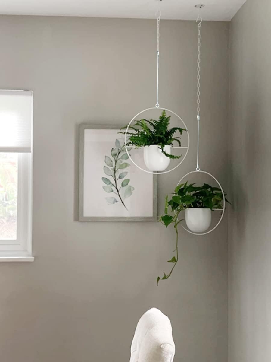 2 Pack Hanging Planters for Indoor Outdoor Plants Modern Metal Plant Hangers, Wall and Ceiling Hanging Plants Baskets Mid Century Minimalist Flower Pots Home Decor (White)