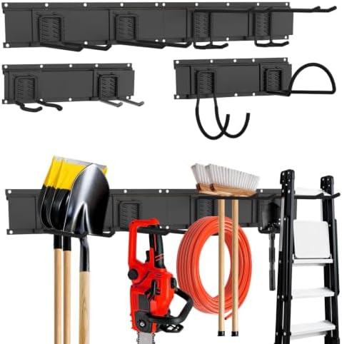 Garage Tool Organizer Wall Mount, 64inch Heavy-Duty Garage Storage System and Garden Tool Organizer with 8 Adjustable Hooks for Shovel, Snowboard, Yard Tools and Shed