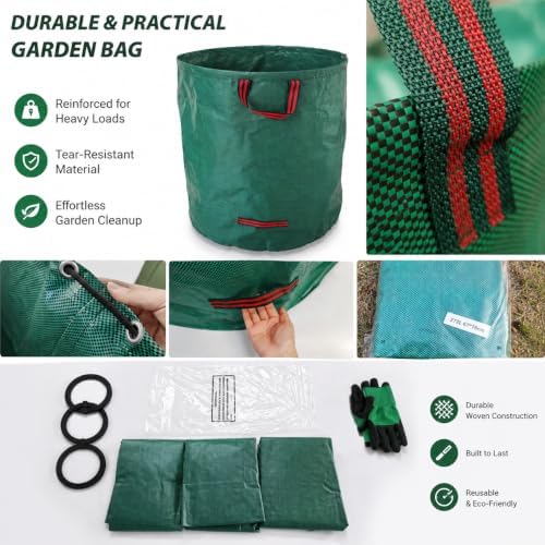 3-Pack 80 Gallon Yard Waste Bags with 2 Pairs Gardening Gloves, Heavy Duty Reusable Lawn Leaf Bags, 300L Collapsible Self-Standing Garden Waste Bags for Leaves, Grass Clippings & Debris