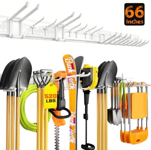 Garage Tool Organizer Wall Mount 66 inches with 13 Adjustable Heavy-Duty Hooks, Garage Organization, Garden Tool Storage Rack for Garage,Yard,Shed, Holds Up to 520 lbs,White