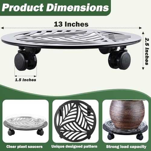 3 Packs 13 inches Large Metal Plant Caddy with PU Wheels Heav-Duty Rolling Plant Stands Indoor Outdoor Wheeled Plant Dolly Coasters Flower Pot Mover Rollers Plant Trolley Cart, Plant Saucers Included
