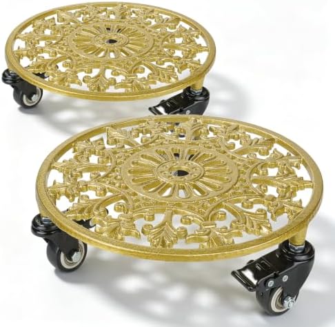 2 Pack 11" Heavy Duty Round Metal Plant Caddy with Wheels, Gold