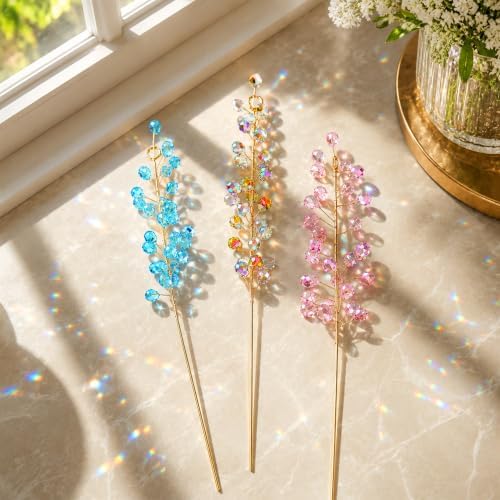 3 Pcs Beaded Crystal Plant Suncatcher Stake for Potted Plants Patio Decor
