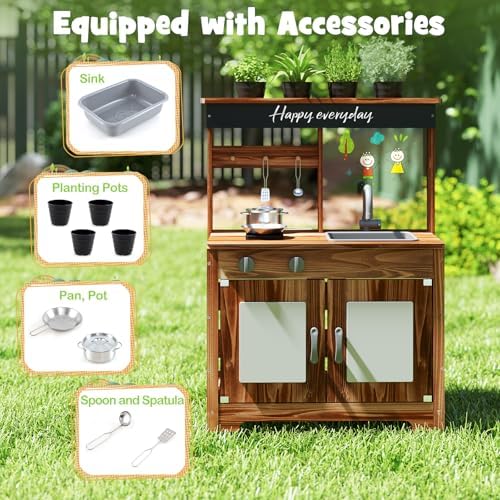 KOTEK Mud Kitchen with Acrylic Board, Fir Wood Outdoor Play Kitchen with Stoves, Faucet & Sink, Blackboard, Cooking Accessories, Kids Mud Kitchen for Backyard Garden