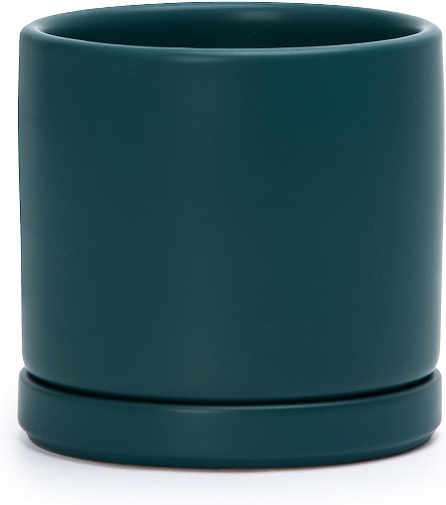 D'vine Dev 4.6 Inch, Ceramic Planter Pot with Drainage Hole and Saucer, Indoor Cylinder Round Planter Pot, Teal, 94-O-B-9