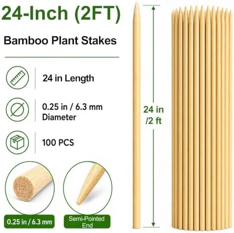 100 PCS 2FT Bamboo Plant Stakes, 6.3mm Thick Bamboo Stakes