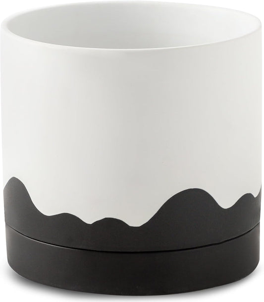 Nihow Ceramic Plant Pot: 8 Inch Planter with Drainage Hole & Saucer for Indoor & Outdoor Plants - Cylinder Round Flower Pot for Succulent/Herbs/Violets - White & Wave Black