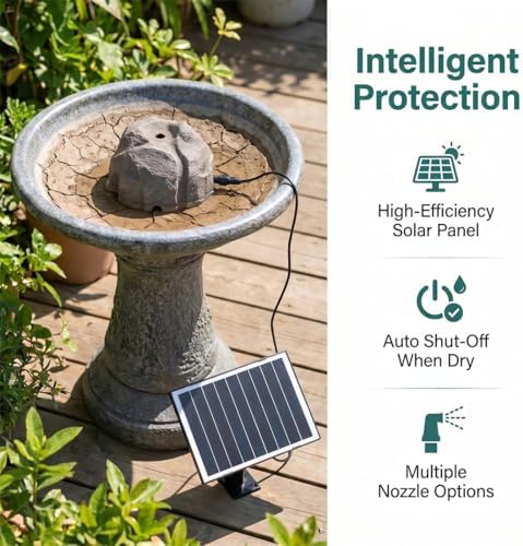Solar Fountain for Bird Bath Outdoor Garden, Solar Powered Water Fountain Pump with 10 Nozzles, Resin Granite Rock Birdbath Bubbler for Small Pond, Hummingbird Bath, Patio Decor (Black)