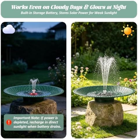 19.6" Metal Bird Bath with Solar Fountain, LED & Battery Large Birdbath