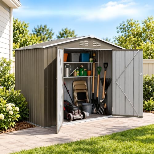 8x6FT Outdoor Storage Shed,Metal Garden Shed with Gable roof,Olive Grey.