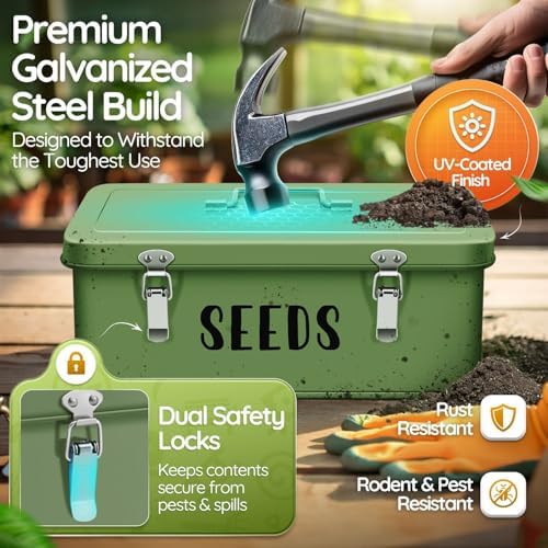 Flexzion Seed Storage Organizer Box, Metal Seed Packet Organizer, Green