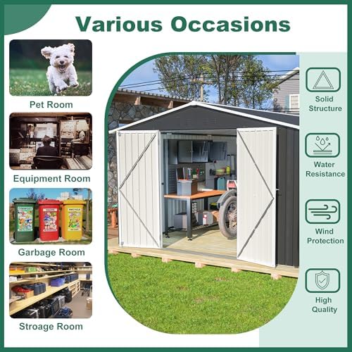 Storage Shed 10x12 FT, Large Metal Tool Shed for Outdoor Storage, Galvanized Steel Garden Shed with Lockable Doors for Patio, Backyard, Lawn, Black