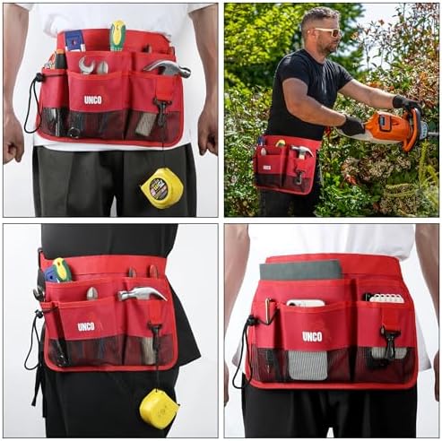 UNCO- Adjustable Gardening Belt, Red, 7 Pockets, Wear, Cut and Water Resistant, Garden Tool Belt Pouch, Waist Apron with Pockets