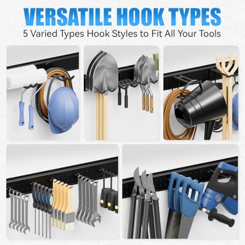 99" Garage Tool Organizer Wall Mounted, Heavy Duty Garage Wall Organizer with 18 Adjustable Hooks, Garden Tool Storage Rack, Holds Up to 700 lbs