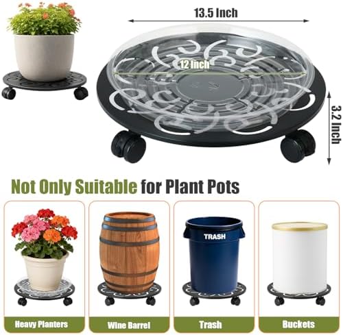 2-Pack 13.5 Inch Metal Plant Caddy with Wheels Large Heavy-duty Rolling Plant Stands Wheeled Planter Dolly Flower Pot Mover Rollers Rust-proof Garden Coasters Trolley for Indoor Outdoor Use