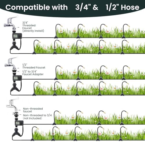 100FT Smart Drip Irrigation System with Water Timer – Automatic Garden Watering System with 360° Bendable Hose & 24 Adjustable Nozzles for Garden, Yard, Lawn,Compatible with 3/4" & 1/2" Hose