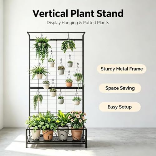 Zhongma Metal Planter with Trellis Raised Bed with Trellis for Vine Climbing Plants Flowers(12.8 x 35.43 x 74 in), 74 Inch Height Privacy Screen with Hanging Plant Pot Shelf