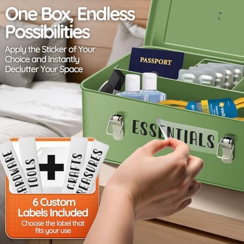 Flexzion Metal Storage Box w/ Lid & Labels, Craft Multipurpose Box, Green